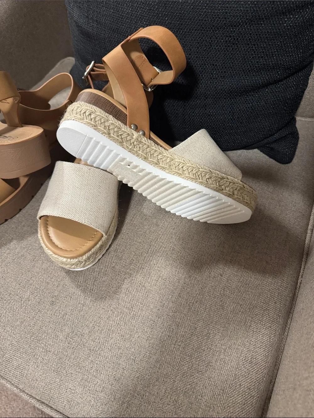 Two pair of Soda Sandals. Tan and Cream Wedge Sandals and Tan Wedge Sandals - Picture 6 of 9